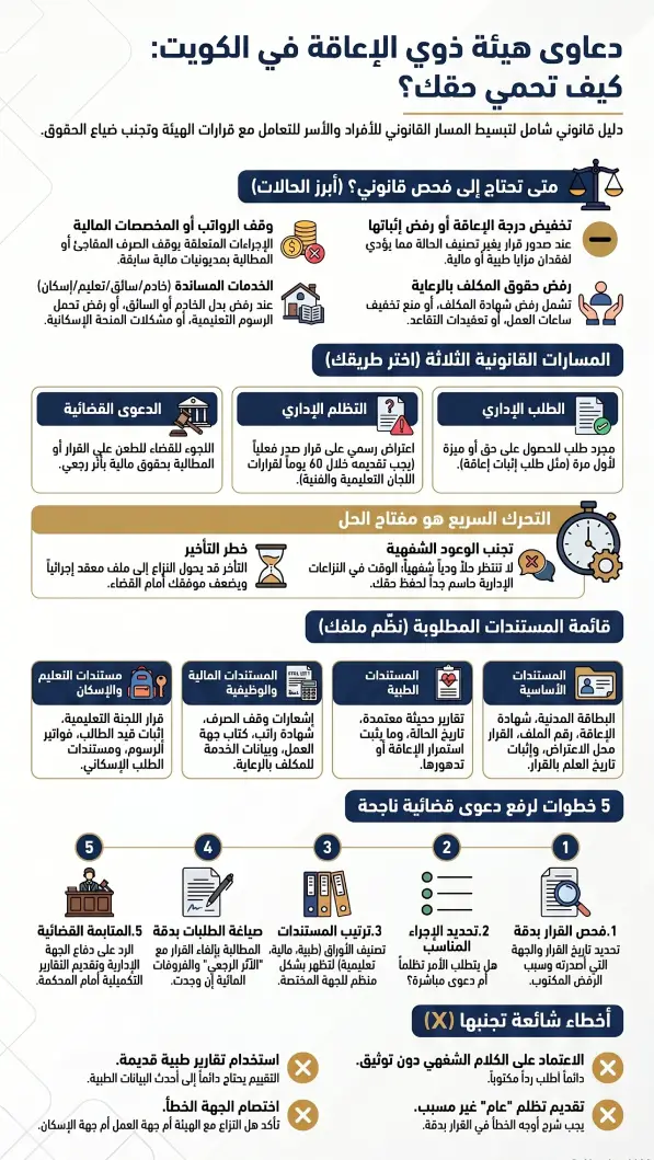 دليل يوضح خطوات دعاوى الهيئة العامة لشؤون ذوي الإعاقة بالكويت والتظلم من قراراتها