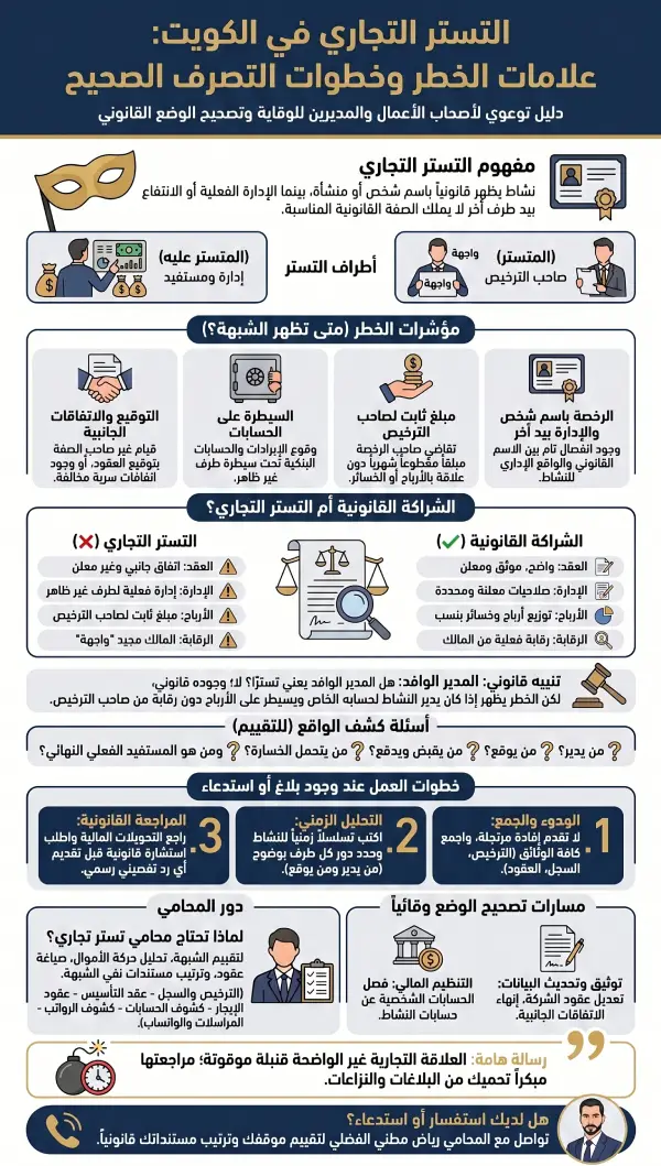 دليل التستر التجاري في الكويت: مفهوم التستر التجاري في الكويت وعلامات الخطر وخطوات التصرف عند وجود بلاغ أو استدعاء