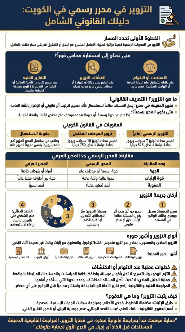 إنفوجرافيك يشرح جريمة التزوير في المحررات الرسمية بالكويت، عقوباتها وأركانها والدفوع القانونية.