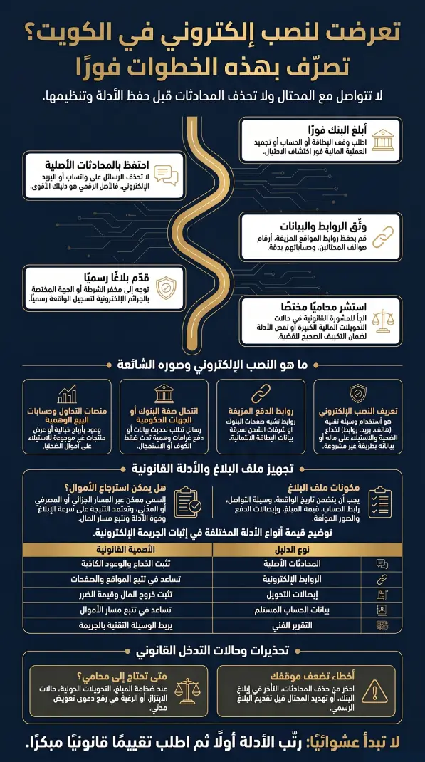 صورة توضح خطوات التعامل مع النصب الإلكتروني في الكويت، من إبلاغ البنك وحفظ الأدلة إلى تقديم البلاغ وطلب مساعدة محامي جرائم إلكترونية.