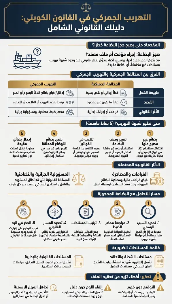 دليل بصري يوضح التهريب الجمركي في القانون الكويتي وحجز البضائع والعقوبات وخطوات التعامل القانوني.