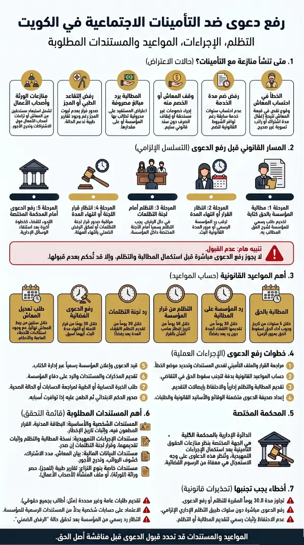 مراحل التظلم ورفع دعوى التأمينات الاجتماعية في الكويت والمواعيد والمستندات المطلوبة.