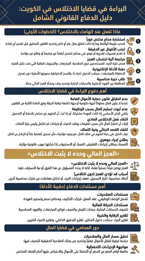 إنفوغرافيك يوضح البراءة في قضايا الاختلاس في الكويت وأهم الدفوع القانونية والمستندات اللازمة للدفاع.