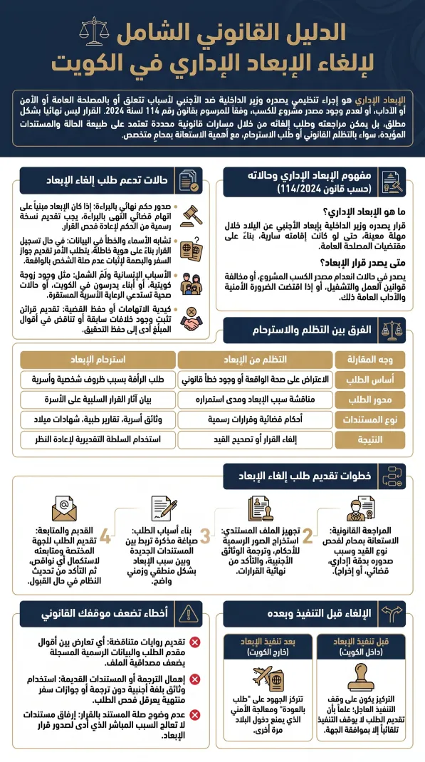 إنفوغرافيك عن إلغاء الإبعاد الإداري بالكويت يشرح الحالات والإجراءات والمستندات المطلوبة.