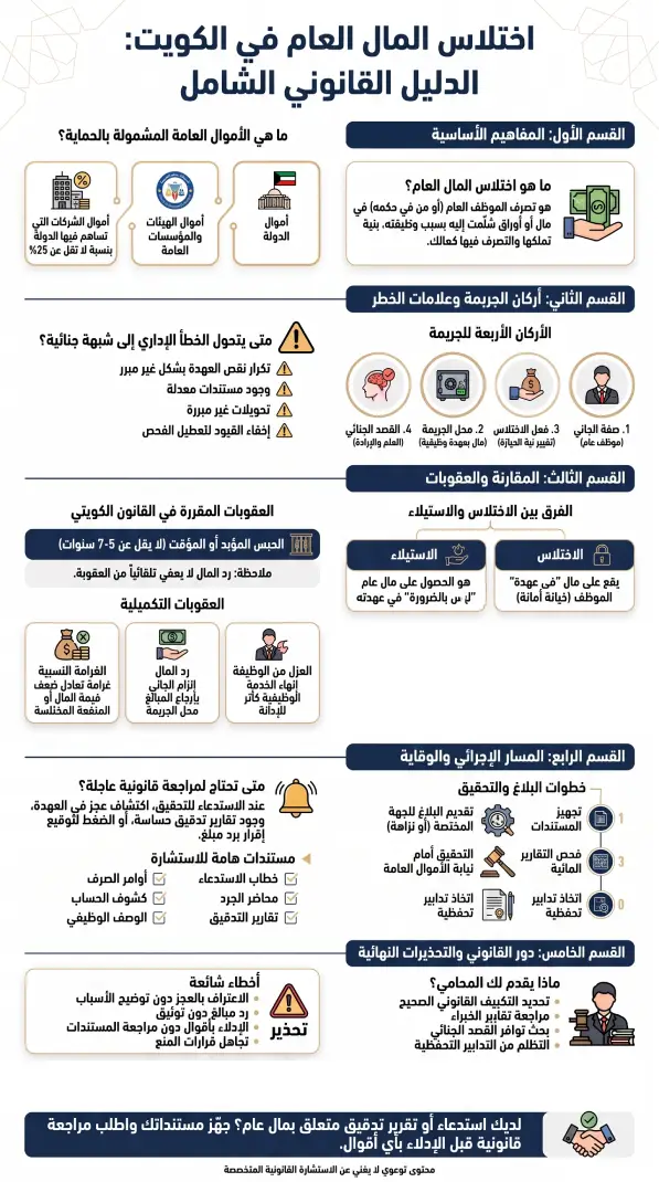 اختلاس المال العام في الكويت من حيث التعريف والأركان والعقوبة وإجراءات البلاغ ودور المحامي
