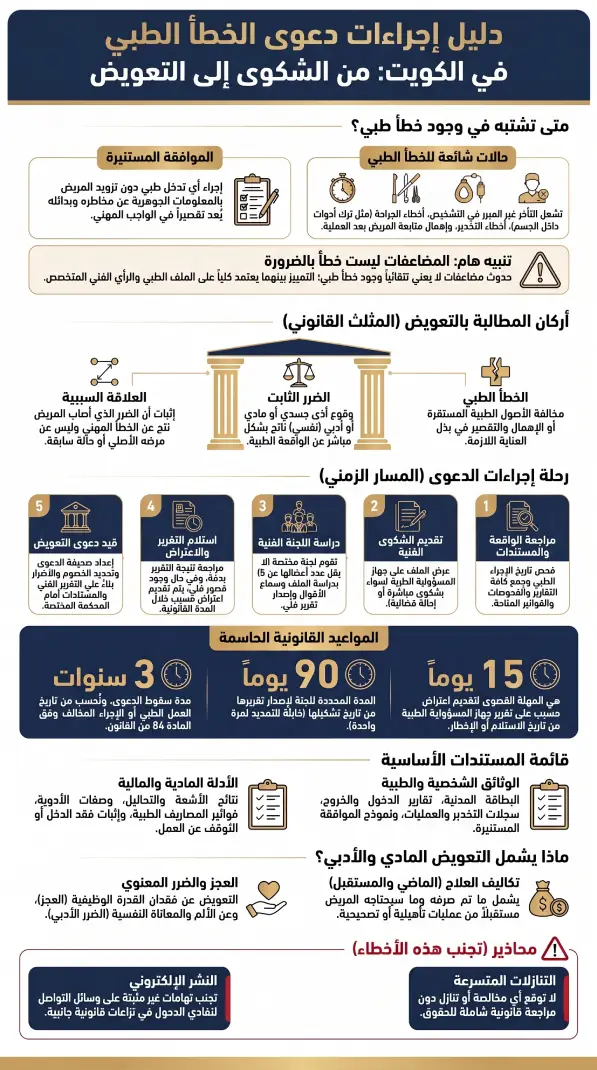 إنفوغرافيك يوضح إجراءات رفع دعوى خطأ طبي في الكويت، من تقديم الشكوى إلى جهاز المسؤولية الطبية حتى الاعتراض والمطالبة بالتعويض.