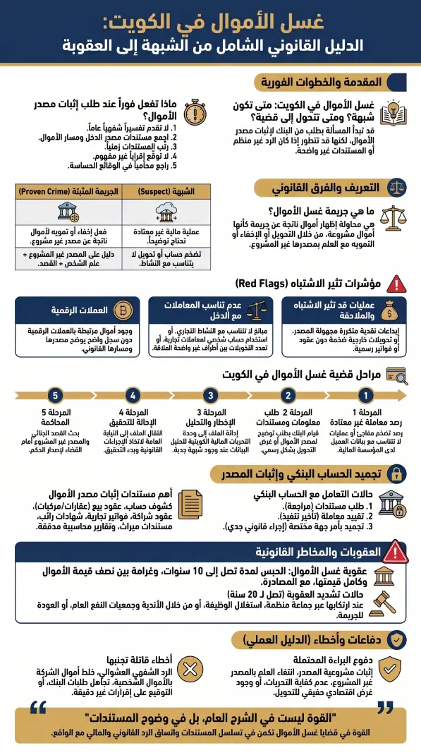 شرح بصري يوضح جريمة غسل الأموال في الكويت والفرق بين الشبهة والإدانة ومراحل التحقيق وتجميد الحساب البنكي وإثبات مصدر الأموال.