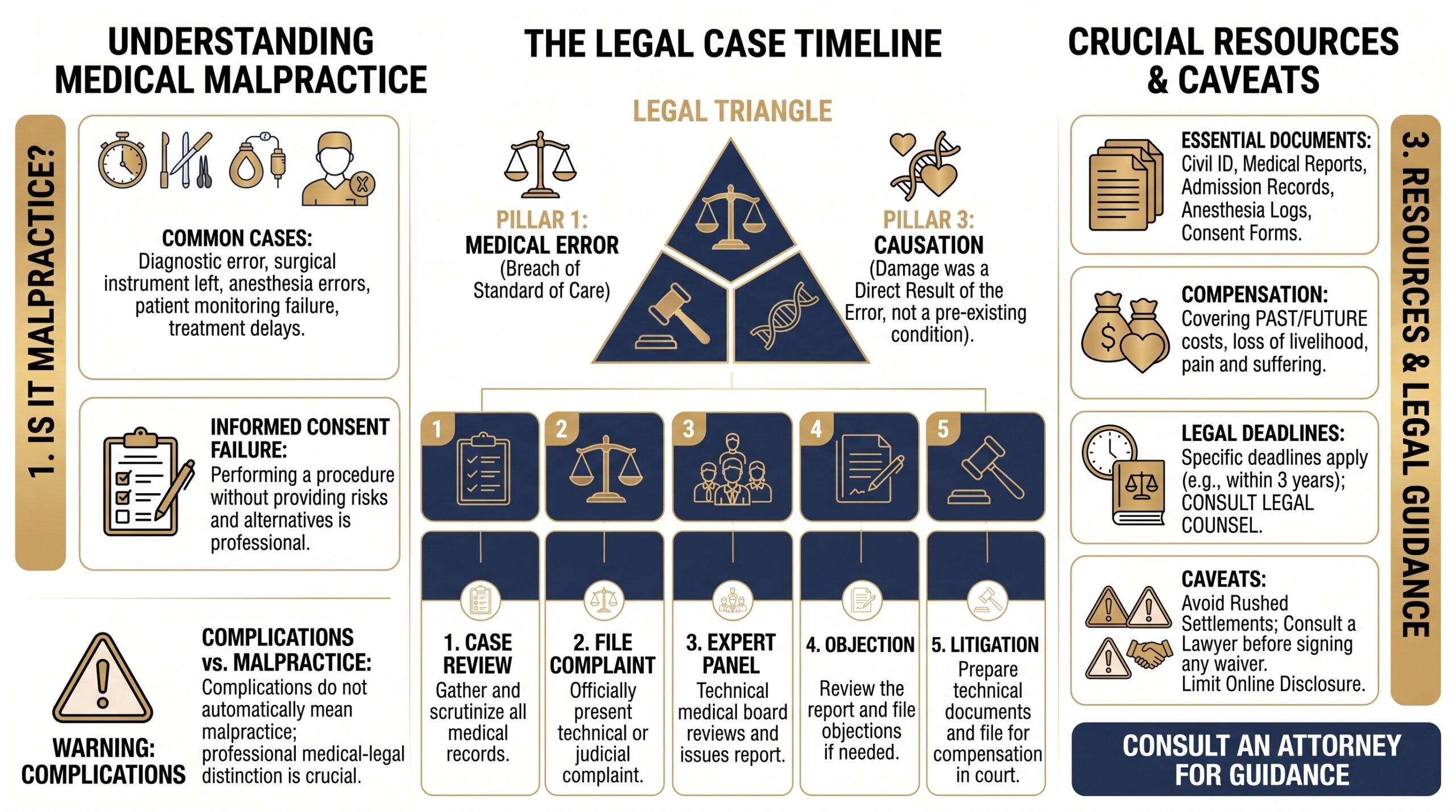 A legal infographic in English titled 'Understanding Medical Malpractice,' detailing the timeline from case review to litigation, legal triangle with causation, required documents, and critical resources and caveats.