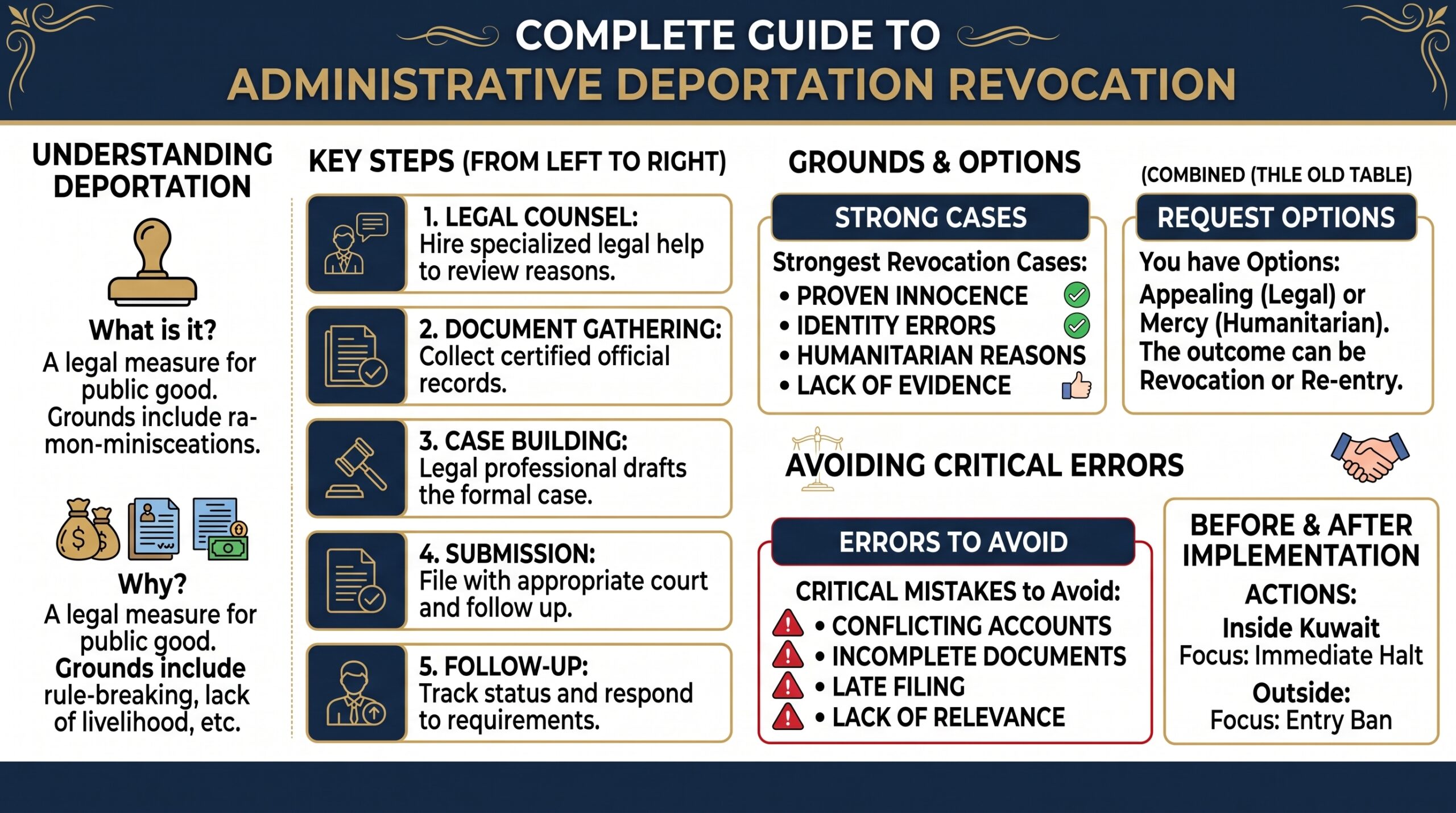 A comprehensive guide infographic on administrative deportation revocation, outlining understanding deportation, key legal steps, grounds and request options, errors to avoid, and actions before and after implementation.