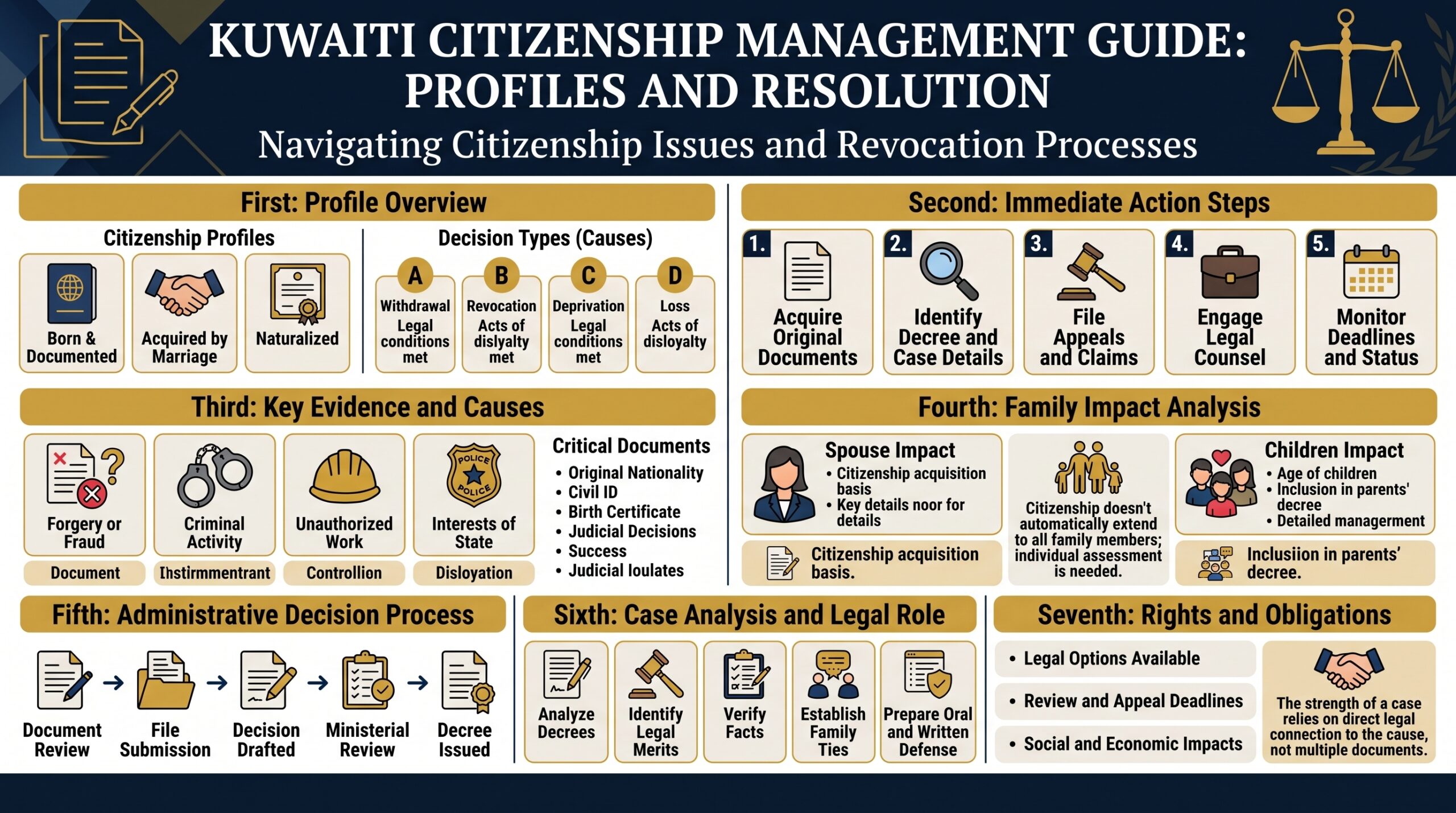 Kuwaiti citizenship management guide infographic illustrating profiles, revocation decision types, immediate action steps, key evidence, family impact analysis, and legal procedures.
