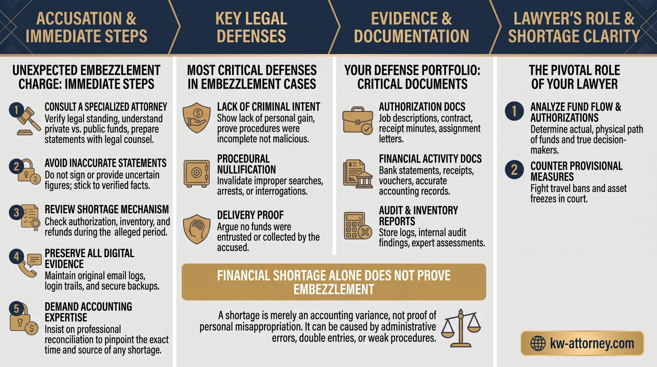 A comprehensive infographic detailing the legal defense guide for embezzlement cases in Kuwait, highlighting immediate action steps, key defense strategies, essential evidence documents, and the role of legal counsel.