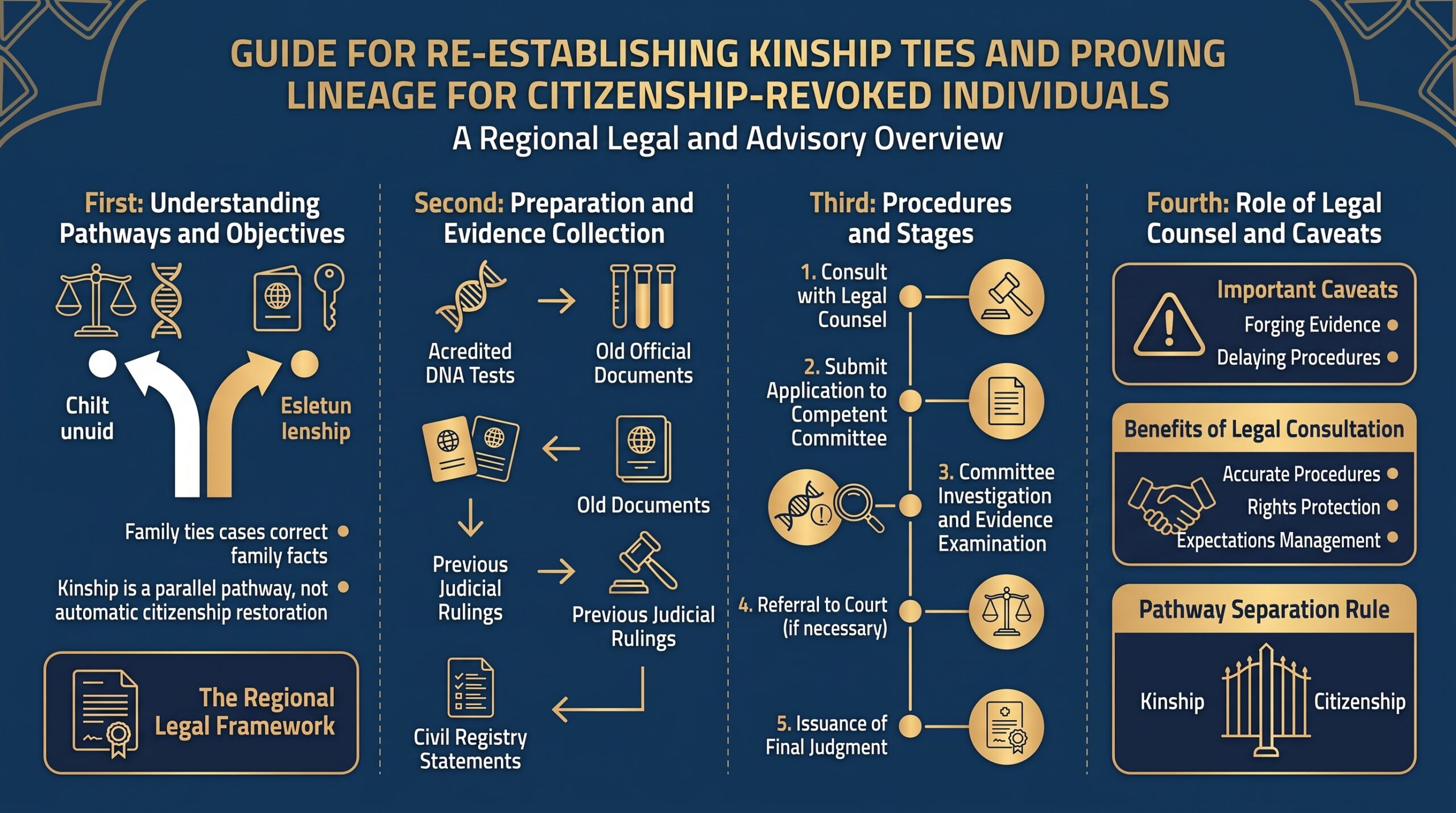 A legal guide infographic on proving lineage and re-establishing kinship ties for individuals with revoked citizenship, outlining key pathways, required evidence, legal procedures, and the role of legal counsel.