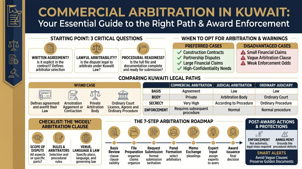 Comprehensive infographic guide to Commercial Arbitration in Kuwait, covering legal paths, the 7-step procedure, and award enforcement.