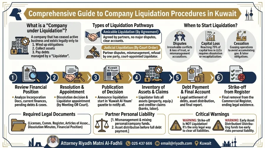 Infographic about the Comprehensive Guide to Company Liquidation Procedures in Kuwait.