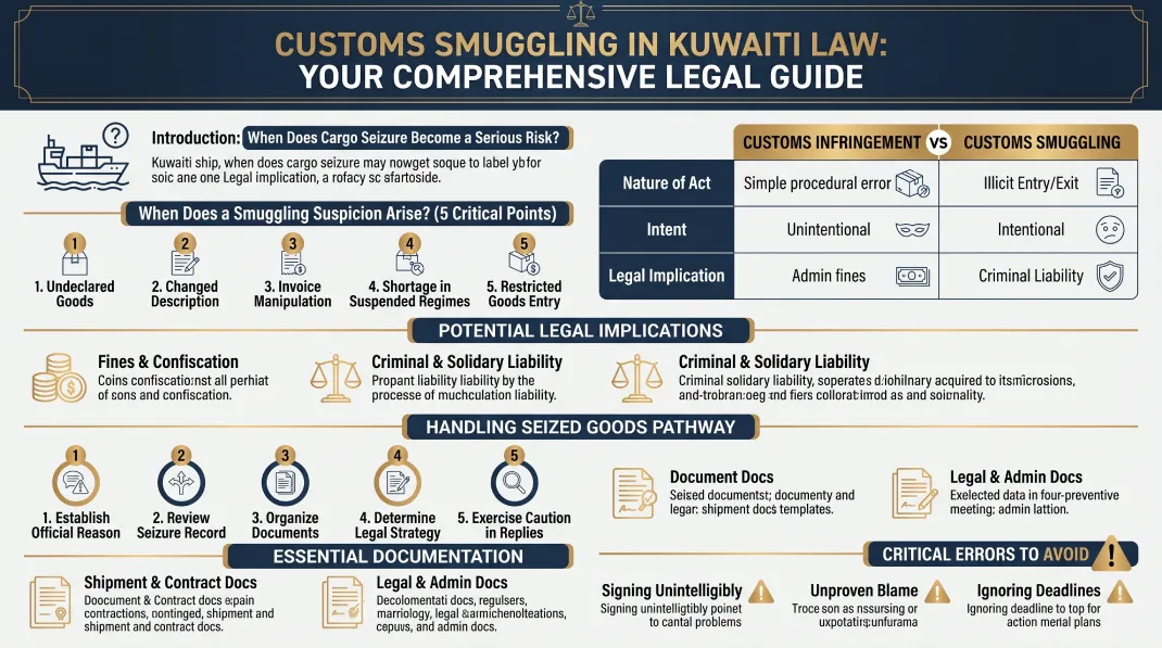 Visual guide to customs smuggling under Kuwaiti law, detention of goods, penalties, and legal procedures.