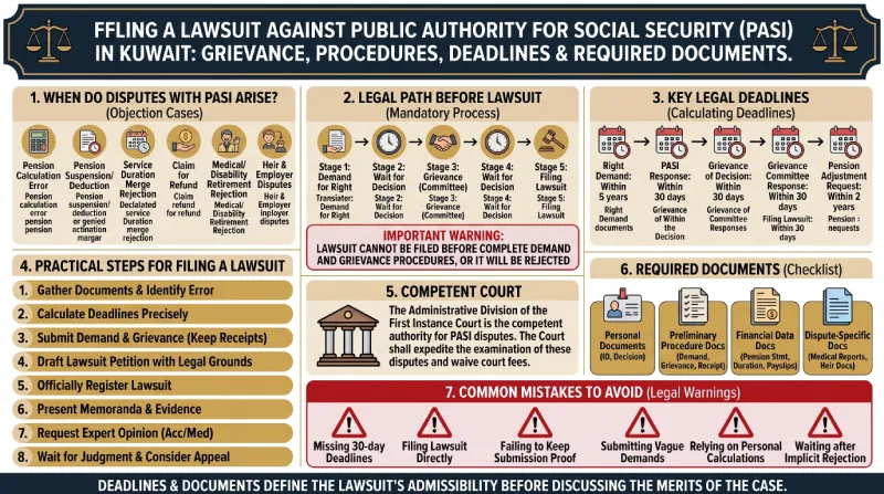 Stages of filing a grievance and a Social Security lawsuit in Kuwait, including deadlines and required documents.