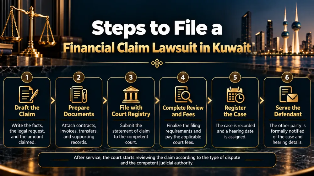 Infographic showing the steps for filing a financial claim lawsuit in Kuwait, from preparing the statement of claim to serving the defendant. 