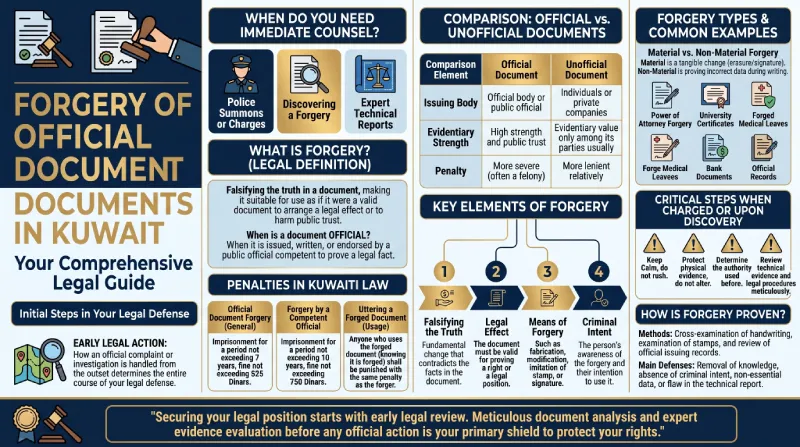 Infographic explaining official document forgery in Kuwait, its penalties, legal elements, and possible defenses.