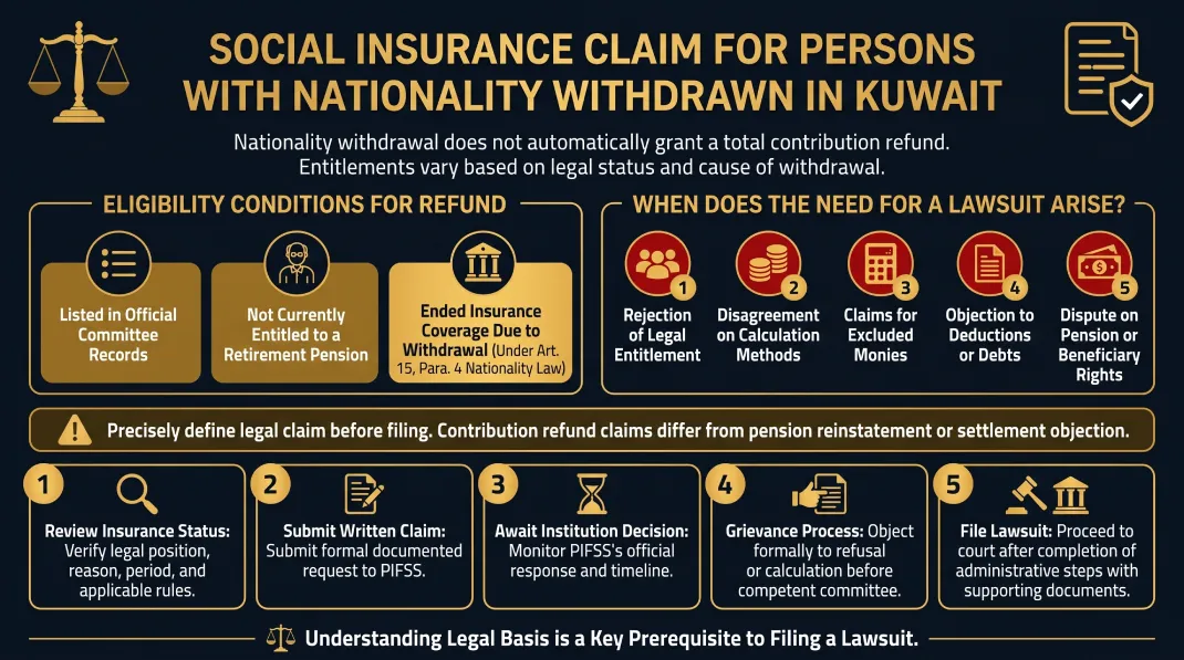 5 steps and legal conditions for a Social Insurance Claim After Kuwaiti Nationality Withdrawal in Kuwait.