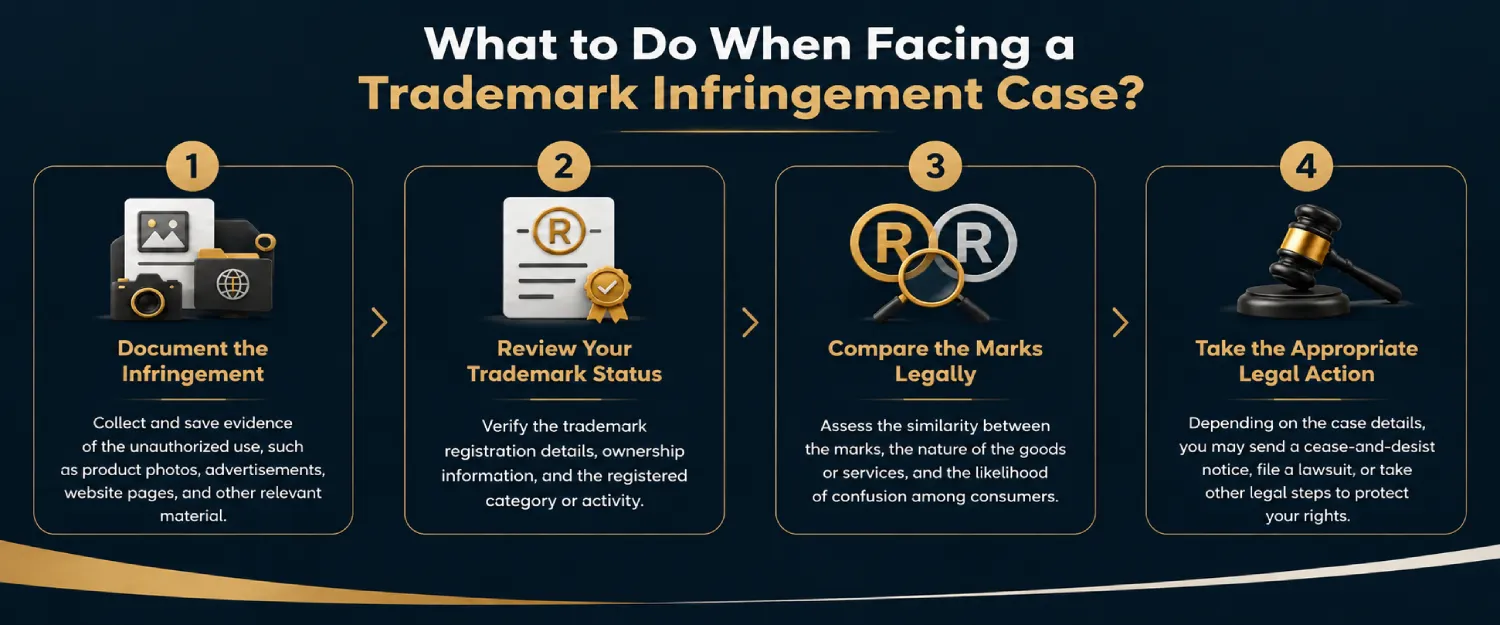 Infographic explaining the steps for handling a trademark infringement case in Kuwait