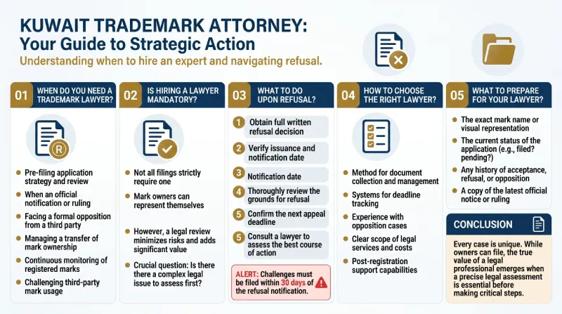 Trademark lawyer in Kuwait and steps for dealing with a rejected trademark registration.