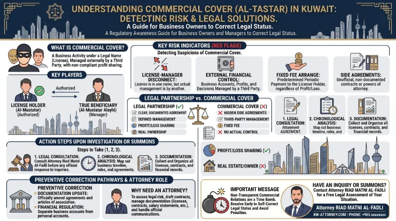 Commercial concealment in Kuwait infographic showing warning signs, legal risks, and corrective legal steps.