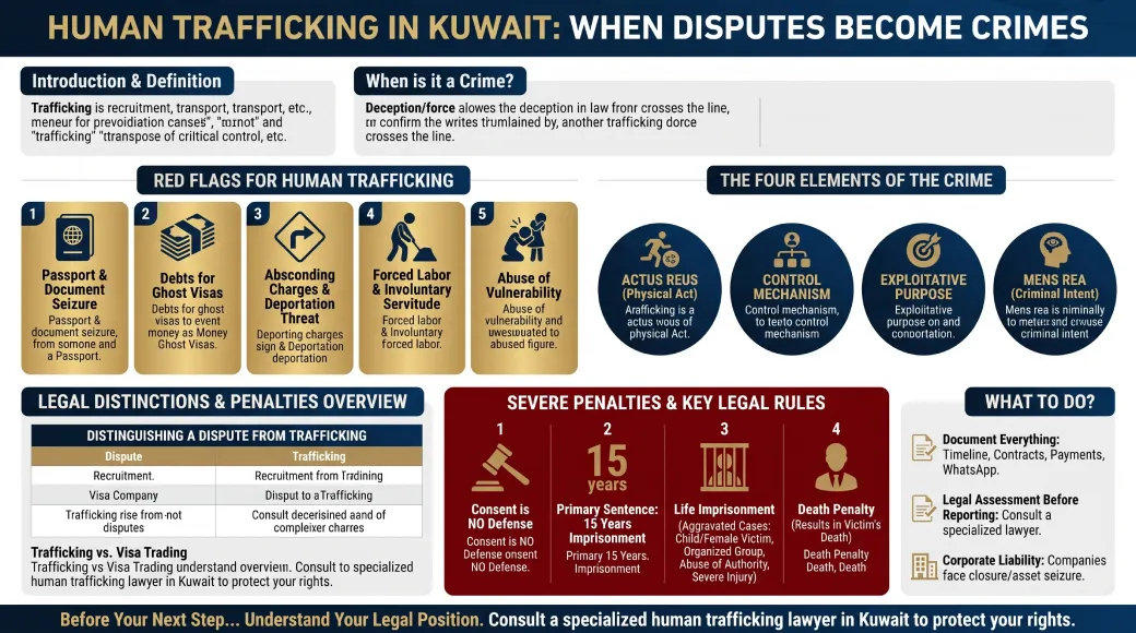 Legal guide showing the difference between labor disputes and Human Trafficking Under Kuwaiti Law, including red flags and penalties.