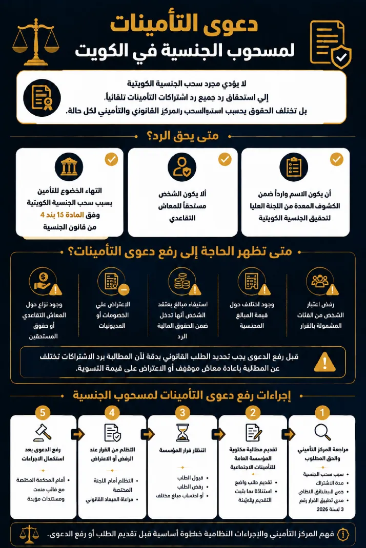دعوى التأمينات لمسحوب الجنسية في الكويت وشروط رفع الدعوى وإجراءات المطالبة بالتعويض.