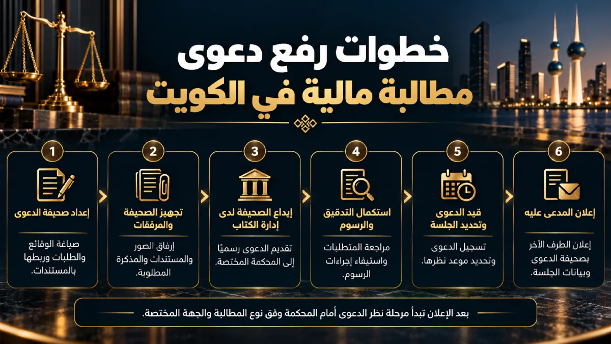 إنفوغرافيك يوضح خطوات رفع دعوى مطالبة مالية في الكويت من إعداد الصحيفة حتى إعلان المدعى عليه.