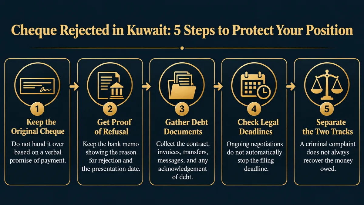 Infographic showing 5 steps for dealing with a rejected cheque in Kuwait and protecting your legal position. 