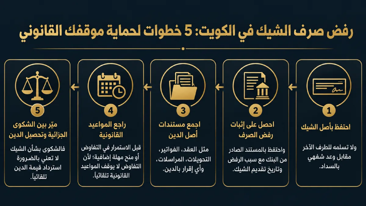 إنفوغرافيك يوضح 5 خطوات للتعامل مع رفض صرف الشيك في الكويت وحماية الموقف القانوني.