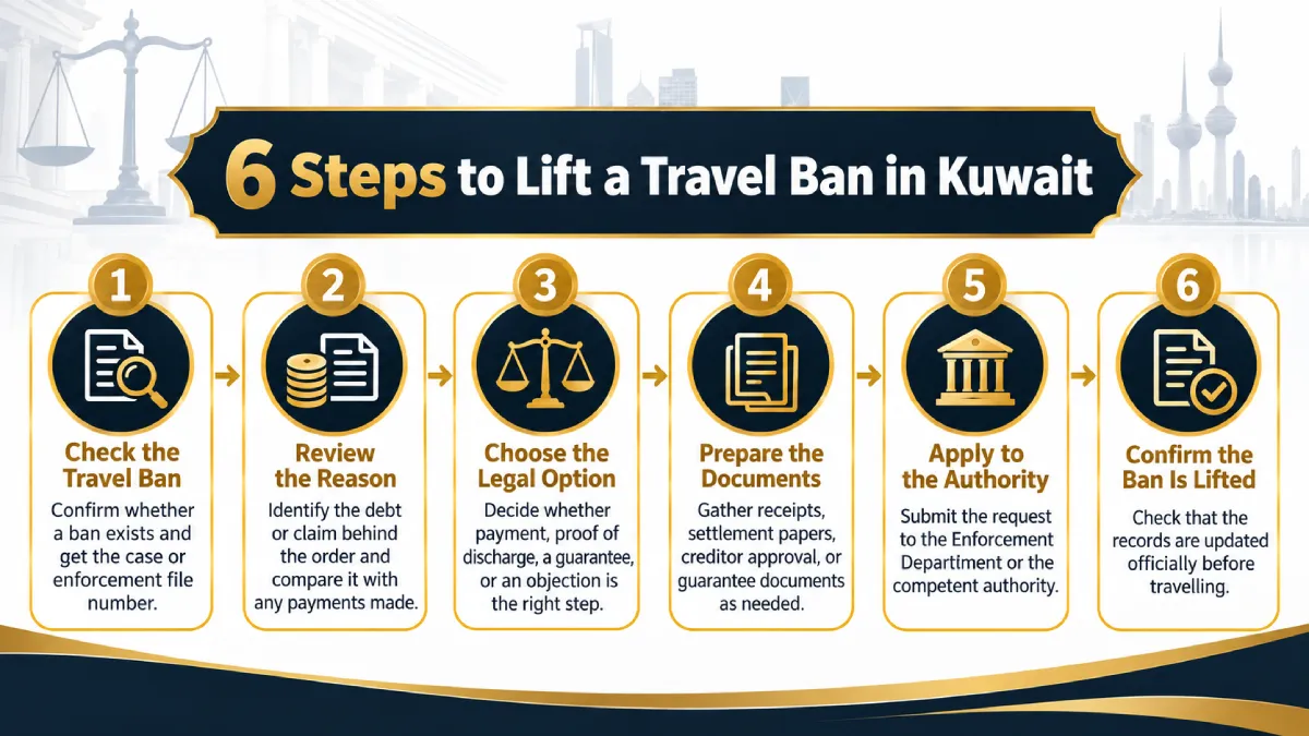Infographic showing six steps to lift a travel ban in Kuwait, from checking the order and reviewing its grounds to submitting documents and confirming that the restriction has been removed.