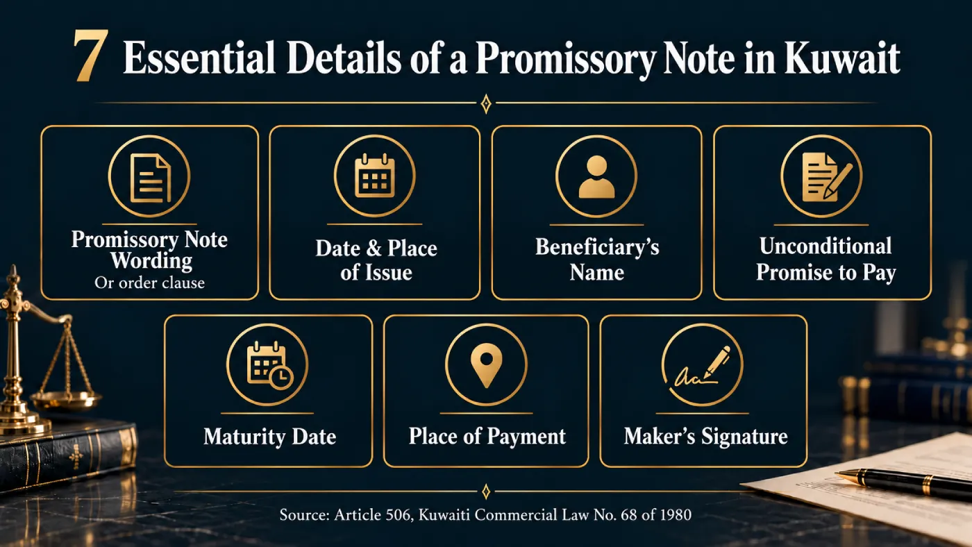 Infographic explaining 7 essential particulars of a promissory note in Kuwait under Article 506 of the Kuwaiti Commercial Law. 