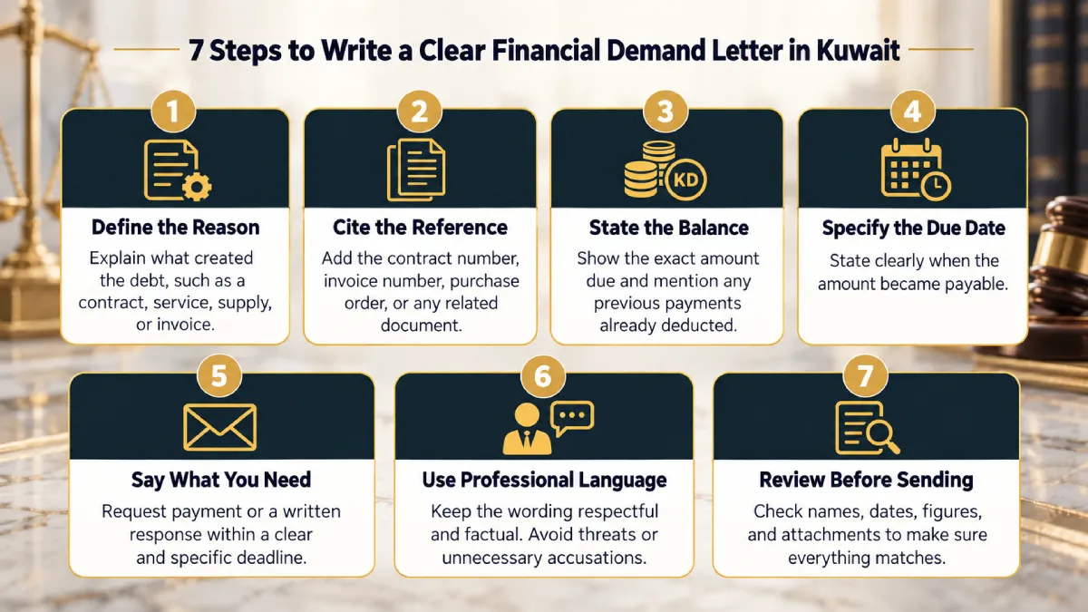 Infographic showing 7 steps for writing a clear financial demand letter in Kuwait, from identifying the basis of the claim to reviewing the information before sending. 