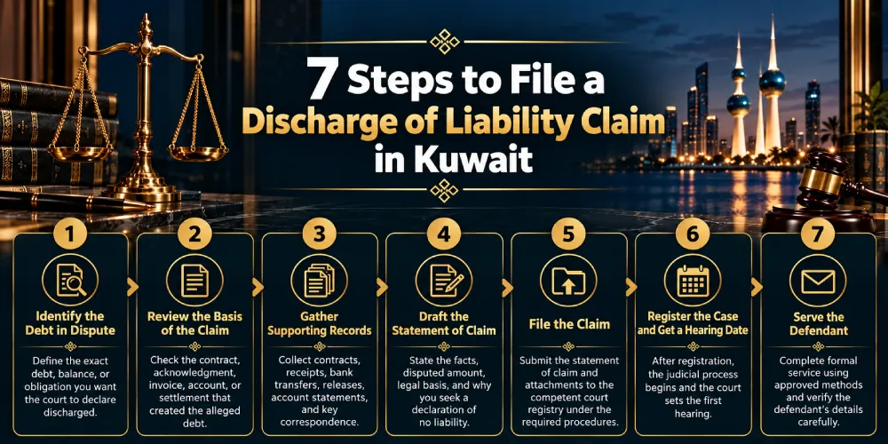 Infographic showing 7 steps for filing a discharge of liability claim in Kuwait, from identifying the debt and reviewing the claim to registering the case and serving the defendant. 