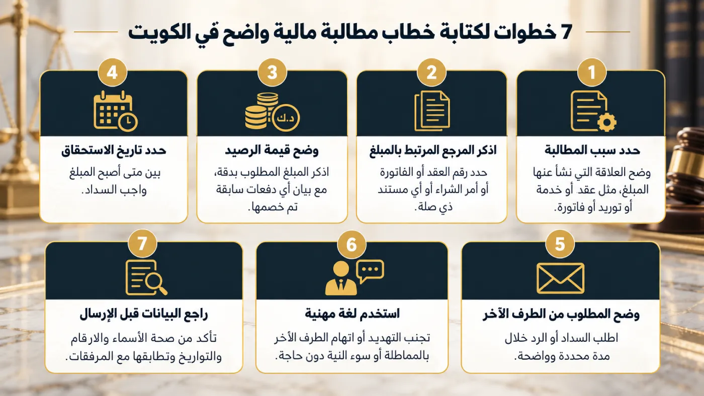 إنفوغرافيك يوضح 7 خطوات لكتابة خطاب مطالبة مالية واضح في الكويت، من تحديد سبب المطالبة حتى مراجعة البيانات قبل الإرسال.