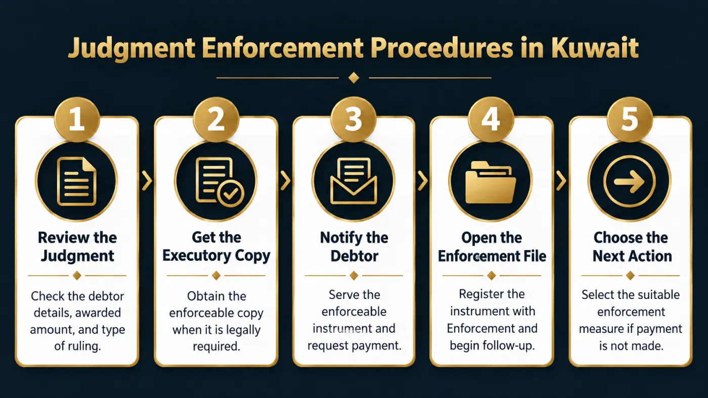 Infographic explaining Judgment Enforcement Procedures in Kuwait, from reviewing the judgment to determining the appropriate enforcement action when payment is not made. 