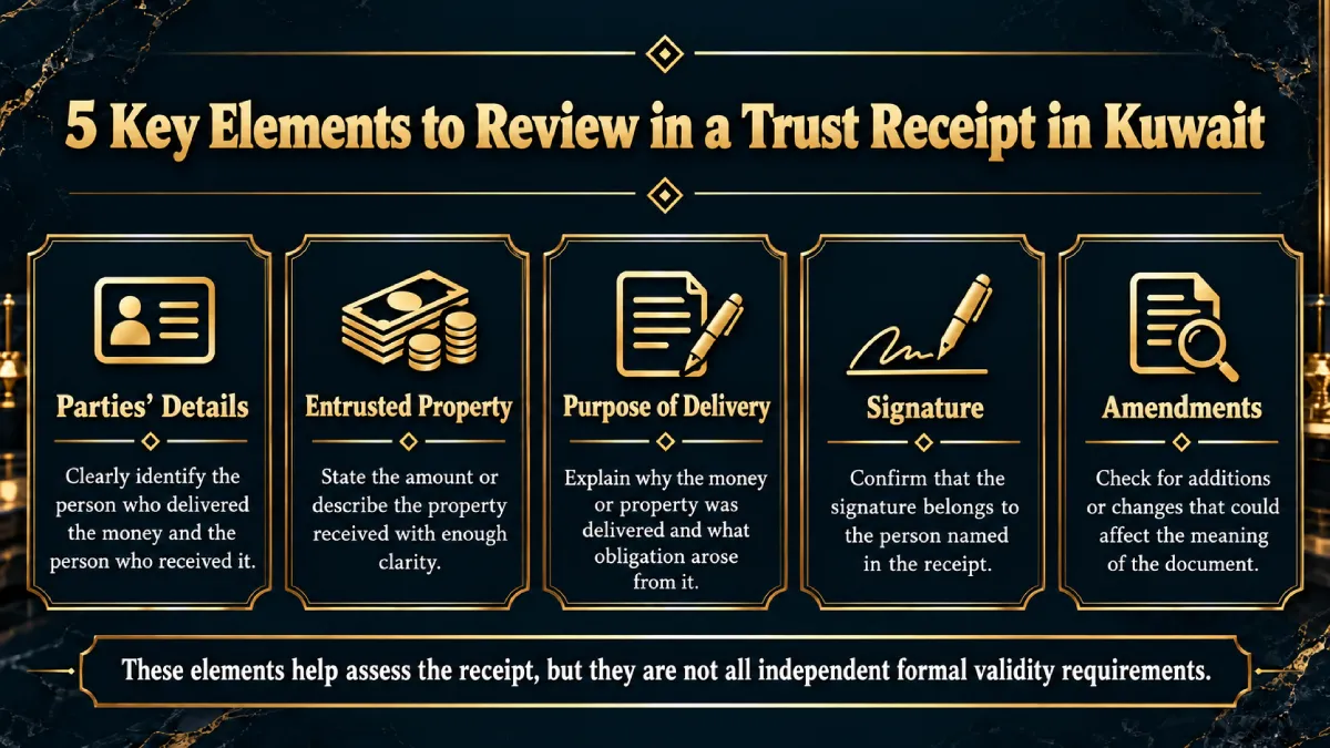 Infographic showing five key elements to review in a trust receipt in Kuwait: parties' details, entrusted property, purpose of delivery, signature, and amendments. 
