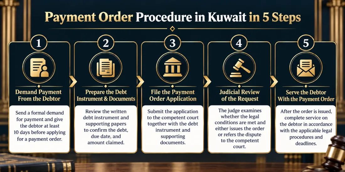 Infographic explaining the payment order procedure under Kuwaiti law in 5 steps, from demanding payment from the debtor through service of the payment order. 