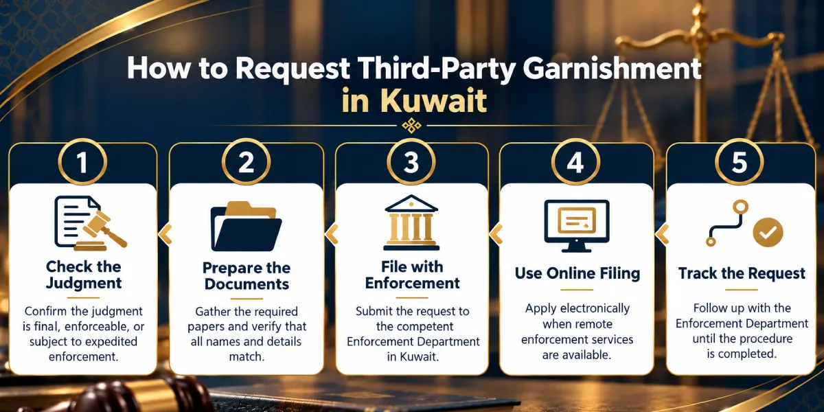 Steps for requesting garnishment of a debtor’s assets held by a third party in Kuwait, from verifying the judgment and preparing documents to filing and follow-up. 