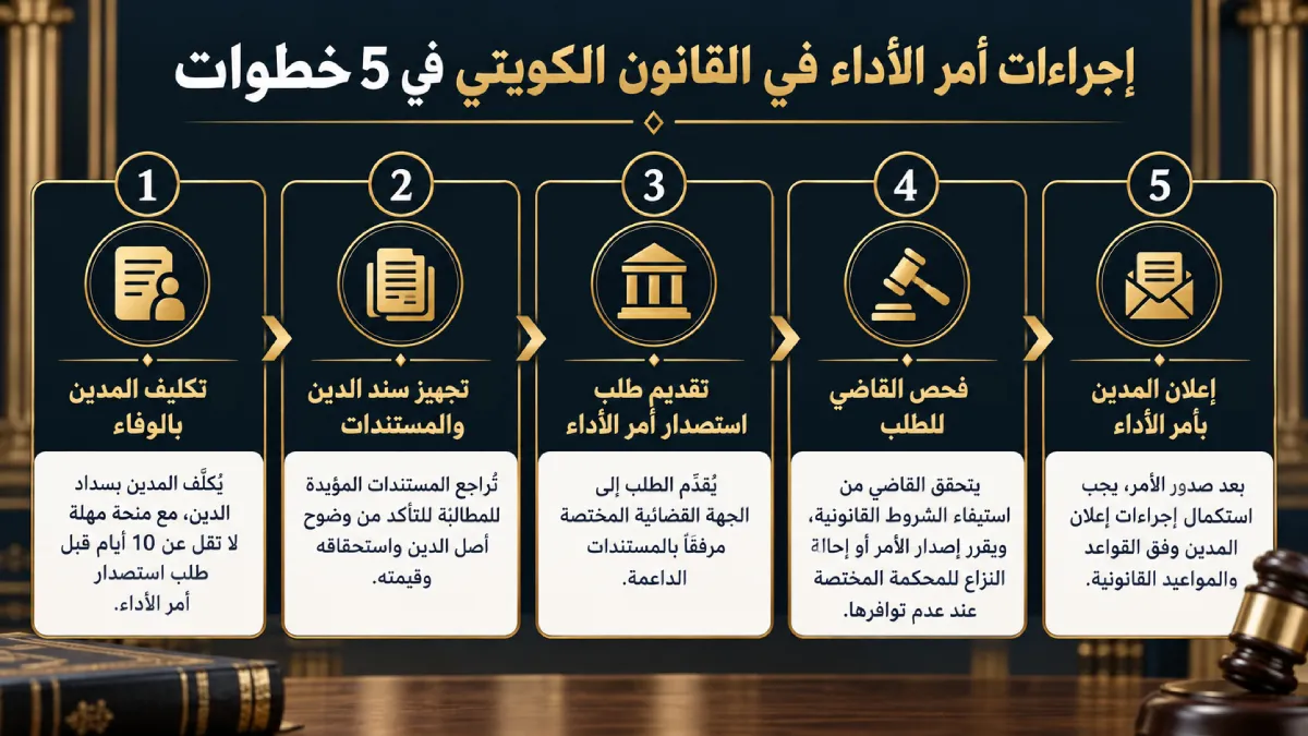 إنفوجرافيك يوضح إجراءات أمر الأداء في القانون الكويتي في 5 خطوات، من تكليف المدين بالوفاء حتى إعلان أمر الأداء.