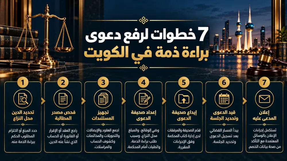 إنفوغرافيك يوضح 7 خطوات لرفع دعوى براءة ذمة في الكويت، من تحديد الدين وفحص المطالبة حتى قيد الدعوى وإعلان المدعى عليه.