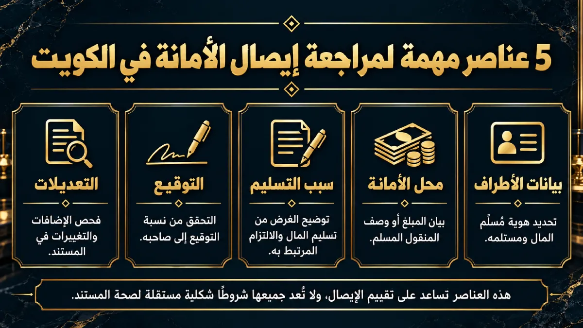إنفوغرافيك يوضح 5 عناصر مهمة لمراجعة إيصال الأمانة في الكويت، تشمل بيانات الأطراف، ومحل الأمانة، وسبب التسليم، والتوقيع، والتعديلات.