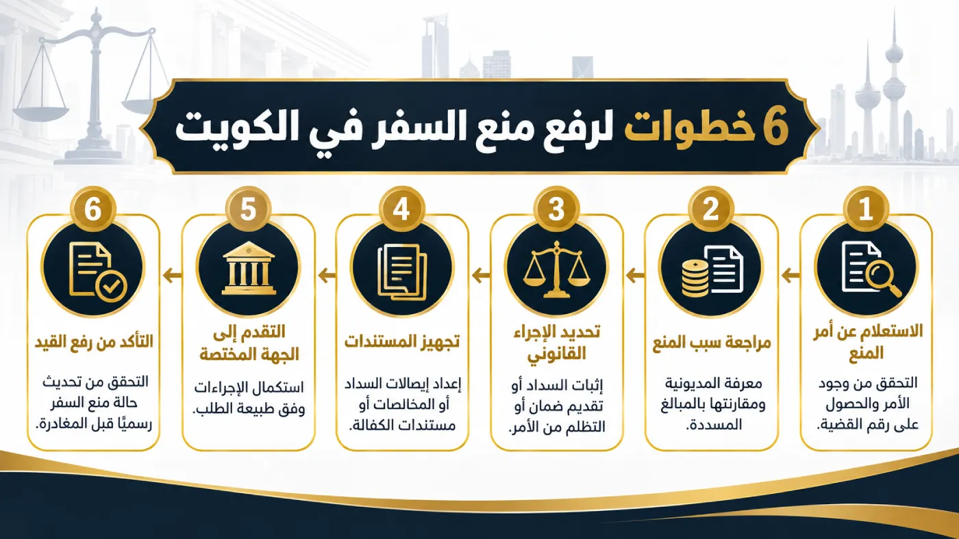 إنفوغرافيك يوضح 6 خطوات لرفع منع السفر في الكويت، من الاستعلام عن أمر المنع ومراجعة أسبابه إلى تقديم المستندات والتأكد من رفع القيد.
