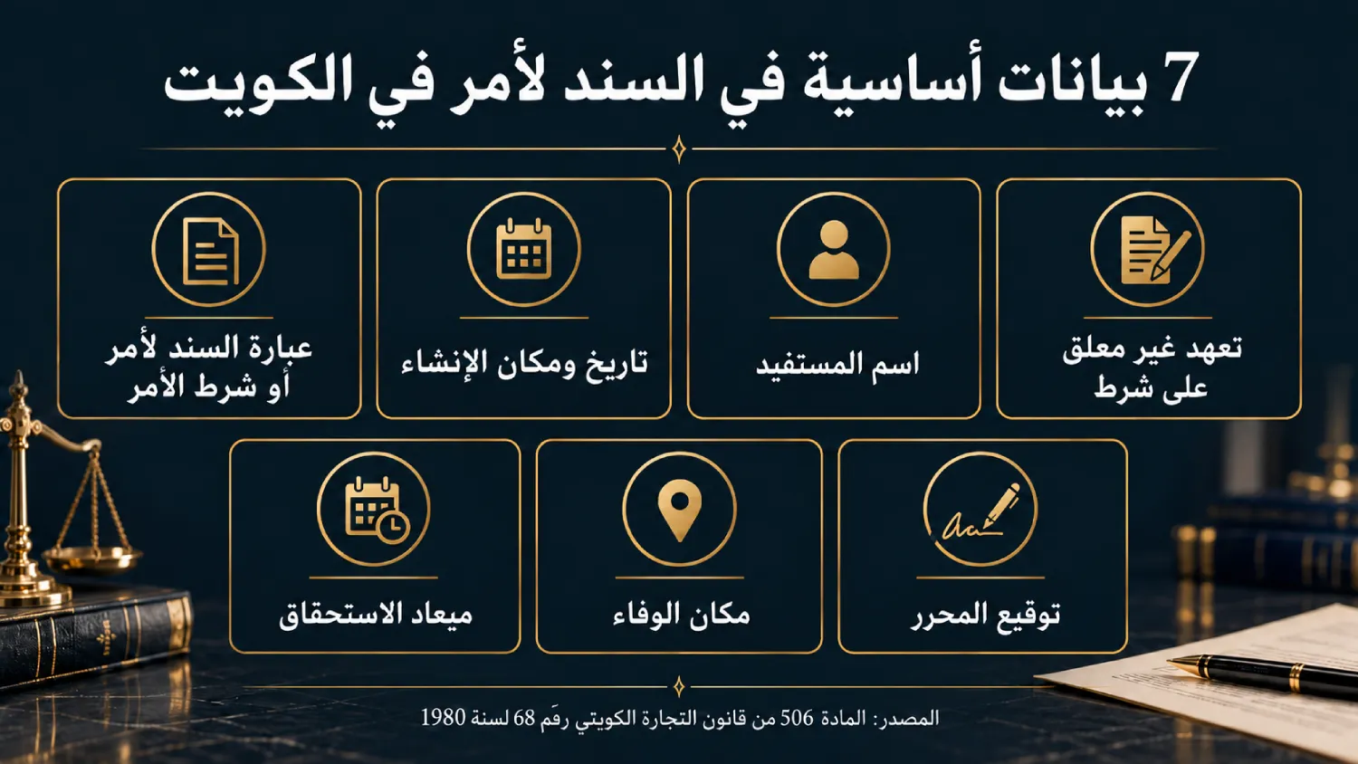 إنفوغرافيك يوضح 7 بيانات أساسية في السند لأمر في الكويت وفق المادة 506 من قانون التجارة الكويتي.